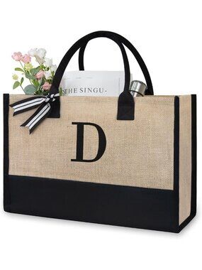 Personalized Black & Brown Canvas Beach Bag - Monogrammed Tote for Women